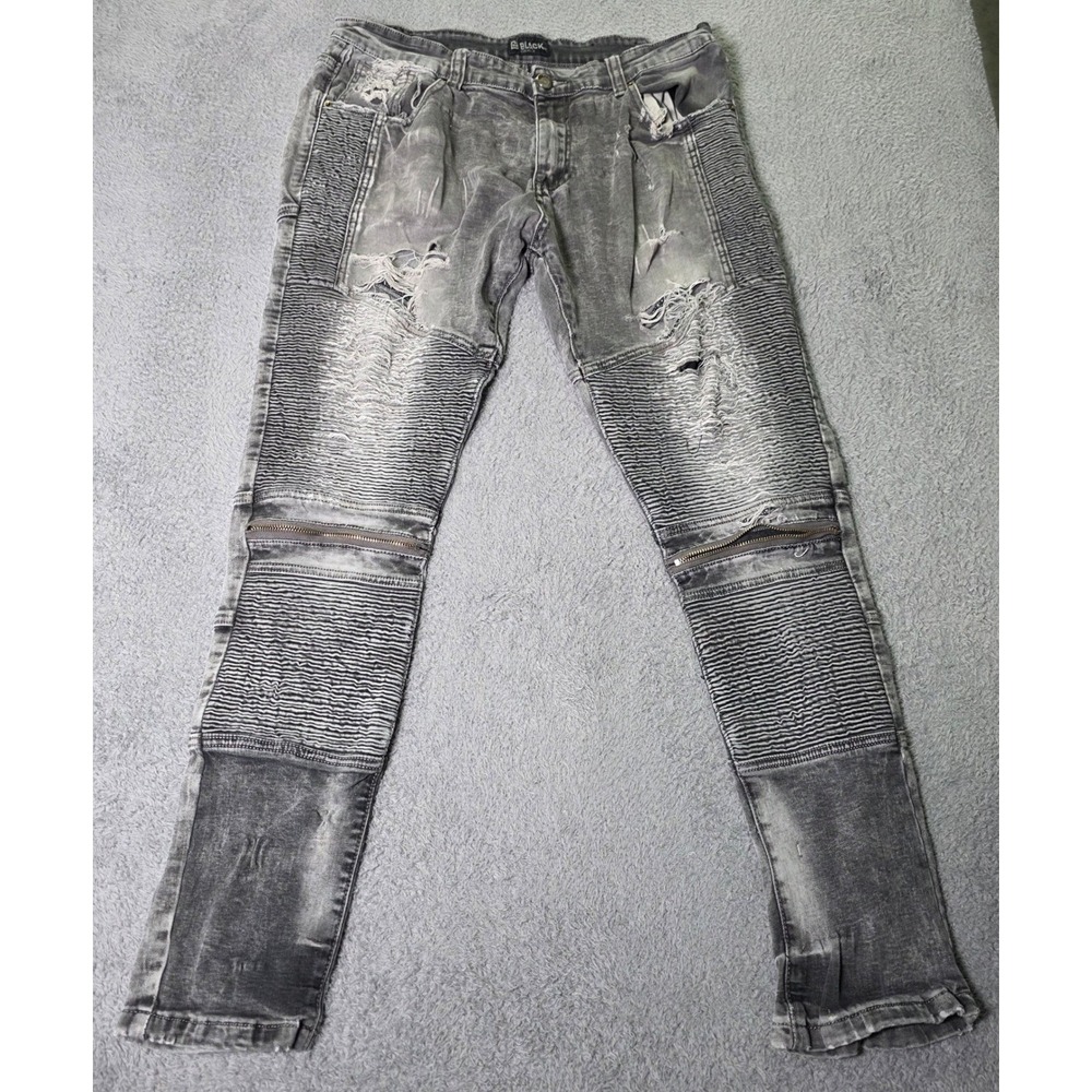 Black Premium Mens 34x30 Moto Skinny Flex Jeans Gray Distressed Ribbed Biker